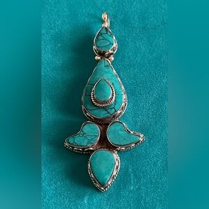 TIBETAN TURQUOISE PENDANT/ HANDCRAFTED SILVER WORK/ NOT MARKED/ 3 1/2” LONG